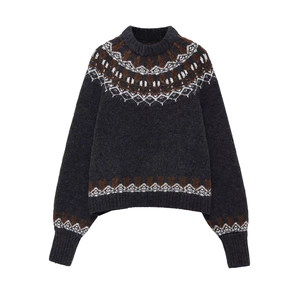 Maglione vintage in maglia Fair Isle grigio scuro con motivi jacquard marroni e girocollo