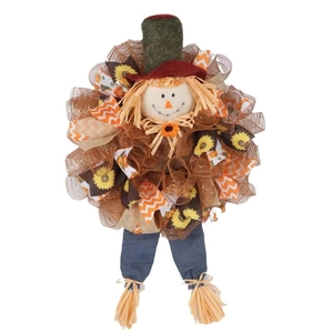 Fall scarecrow wreath with mesh base and sunflower ribbons for autumn wall decor