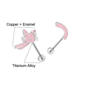 Pink cat tail titanium piercing jewelry set with enamel finish on silver steel base