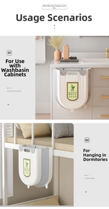 Hanging foldable kitchen trash bin in white and grey design mounted on a cabinet door