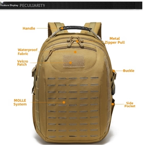 Detail view of khaki tactical backpack featuring MOLLE system and waterproof fabric