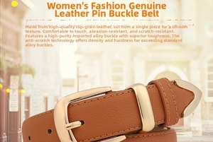 Detail of premium brown faux leather belt featuring a durable polished alloy needle buckle