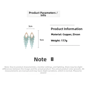 Detailed size chart showing bohemian zircon tassel earrings dimensions 9cm by 3cm