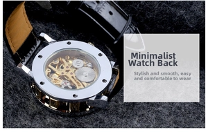 Close-up of the automatic skeleton caseback showing gold gears and silver mechanics