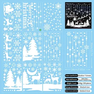 Set aus 9 Weihnachts-Fensterbildern mit weißen Schneeflocken, Elchen und Merry Christmas