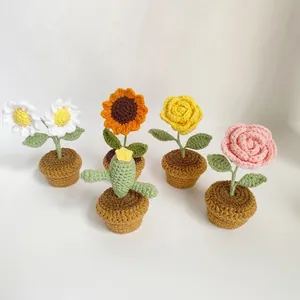 Handmade Crochet Flower Potted Plant Artificial Yarn Braided Sunflower Rose Tulip Daisy For Home Car Desktop Decor