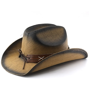 Vintage woven cowboy straw hat with gradient spray paint and leather band decoration