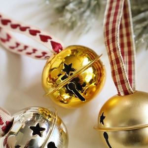 Champagne gold star hollow bells with red plaid heart ribbons for Christmas tree decor