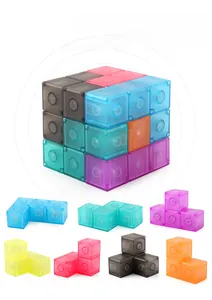 Macro view of 7 pieces translucent magnetic building blocks forming a 3x3 puzzle cube