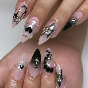 Press On Nails Long Stiletto Gradient Black Pink Gothic Style 3D Metal Cross Heart Charms Rhinestones Fake Nails