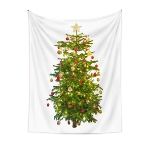 Dettaglio ravvicinato della stampa dell'albero di Natale su arazzo in poliestere bianco leggero