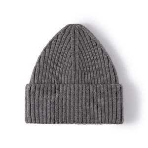 Dark grey ribbed knit beanie with wide folded cuff for winter outdoor warmth and style