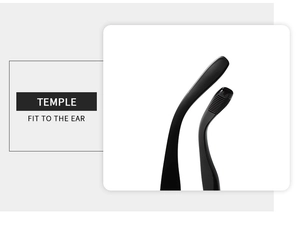 Detail of glossy black eyewear temples featuring non-slip stripes for a secure fit