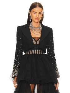 Women's black tailored blazer with silver beaded sleeves and layered mesh dress style