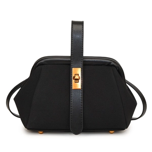 Close-up of elegant black shell bag with golden twist lock and leather handle detail