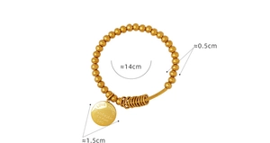 Close-up of golden beaded bracelet showing dimensions and engraved circular Love pendant