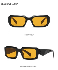 Vorder- und Seitenansicht der eckigen Retro-Sonnenbrille mit gelben Gläsern