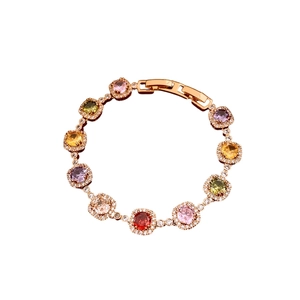 Vintage rose gold bracelet with colorful round gemstones and sparkling zircon accents