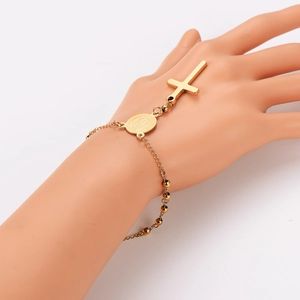 Bracciale ad anello in acciaio inossidabile dorato con croce e medaglia della Madonna