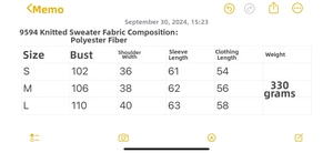 Detailed size chart and fabric composition for this elegant knit sweater top