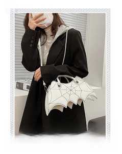 White gothic bat wings handbag with black spider web embroidery and metal hooks