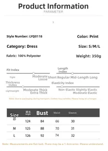 Detailed size chart for floral off-shoulder maxi dress including S, M, and L dimensions