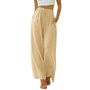 Women's casual loose wide-leg cotton linen trousers with drawstring in light khaki