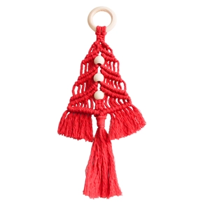 Handmade red woven cotton Christmas tree wall hanging decor with wooden beads and tassels