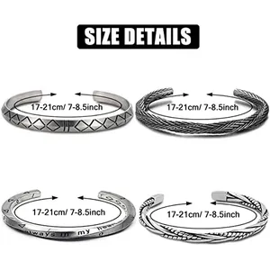 Vintage Viking pattern cuff bracelets for men in antique silver with size chart details