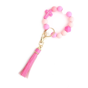 Pink silicone bead keychain wristlet with cross and tassel for Easter gifts