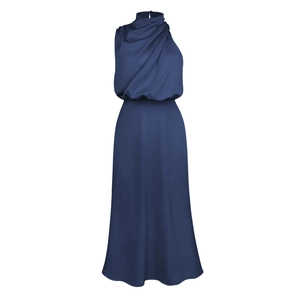 Detailed close-up of dark blue satin halter dress showing elegant pleats and silky fabric