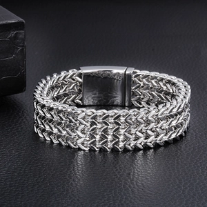 Men's silver stainless steel wheat chain bracelet with a heavy dragon bone weave and clasp