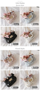 Detail showing various colors of tweed crossbody bags with rabbit and floral charms