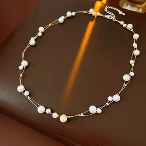 Collier Double Rangée Künstliche Perles Imitation Cuivre Choker Perlé Rétro Français Élégant Bijoux Pour Femmes