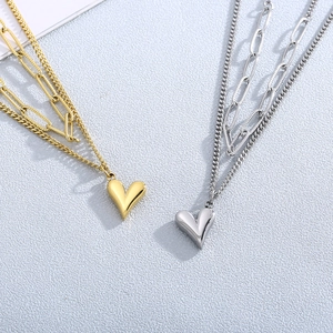 Colliers double épaisseur en acier titane or et argent avec pendentif cœur en 3D