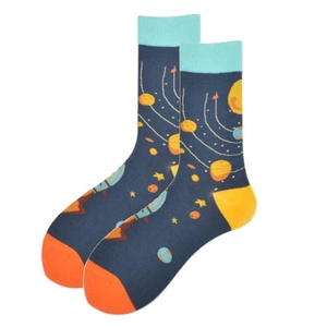 Navy blue mid-calf crew socks with solar system planets pattern and orange heels
