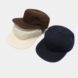 Minimalist flat top military caps in brown, beige and navy blue cotton twill fabric