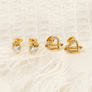 18K gold plated titanium steel heart stud earrings with sparkling cubic zirconia stones