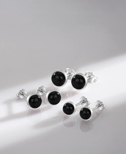 Three pairs of black agate stud earrings in different sizes made of S925 sterling silver