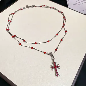 Vintage double layer necklace with gothic cross pendant and red crystal gems