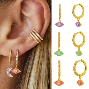 S925 silver needle evil eye earrings with zircon moon pendants and ear cuffs set