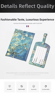 Detail of PU leather passport holder set with Van Gogh Almond Blossom printed art
