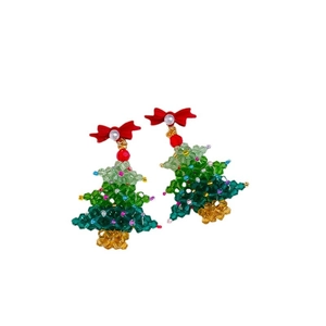 Christmas tree earrings with colorful beads and a red bow on a clean white background