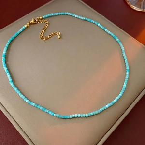 Collier De Perles En Pierre Naturelle Perles Carrées Géométriques Fermoir Doré Réglable Bleu Clair Bijoux De Mode Élégants Femmes