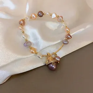 French vintage freshwater pearl bracelet with golden Maneki Neko lucky cat pendant