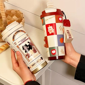 Portable stainless steel coffee mugs in cream and red checkered patterns with cute motifs