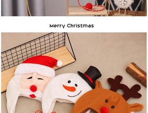 Detailed view of three festive Christmas hats featuring Santa, Snowman, and Reindeer designs