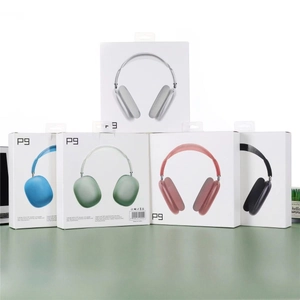 P9 wireless over-ear headphones displayed in five colors with professional packaging boxes