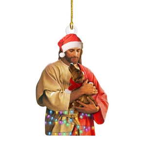 Christmas dachshund pendant with Jesus and festive lights on a flat acrylic ornament