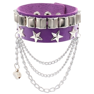 Detail view of purple PU leather punk bracelet with square studs and layered metal chains